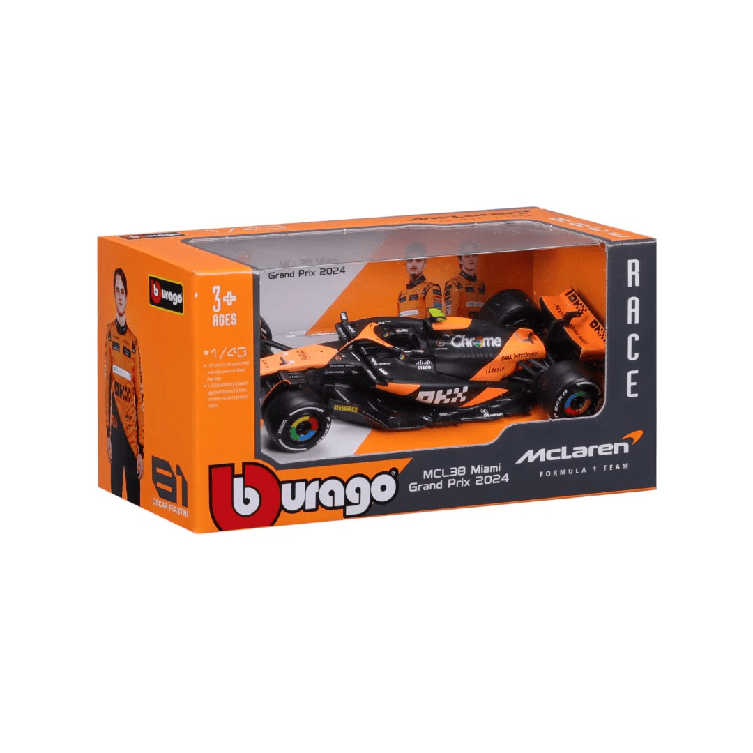 Bburago McLaren Racing F1 MCL38 Lando Norris 2024 Miami GP Model Car Unisex - Papaya - 1:43 Scale